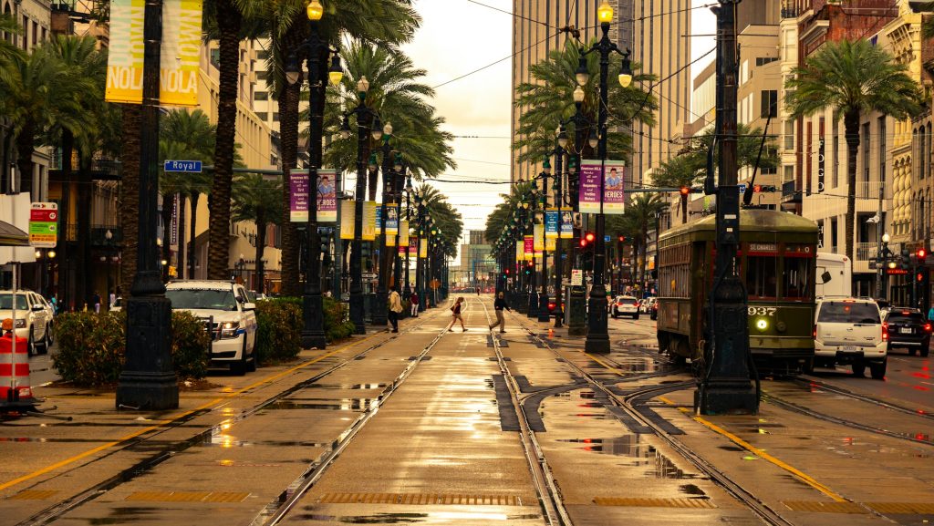 New Orleans streetcar on palm lined St Charles Avenue after rain