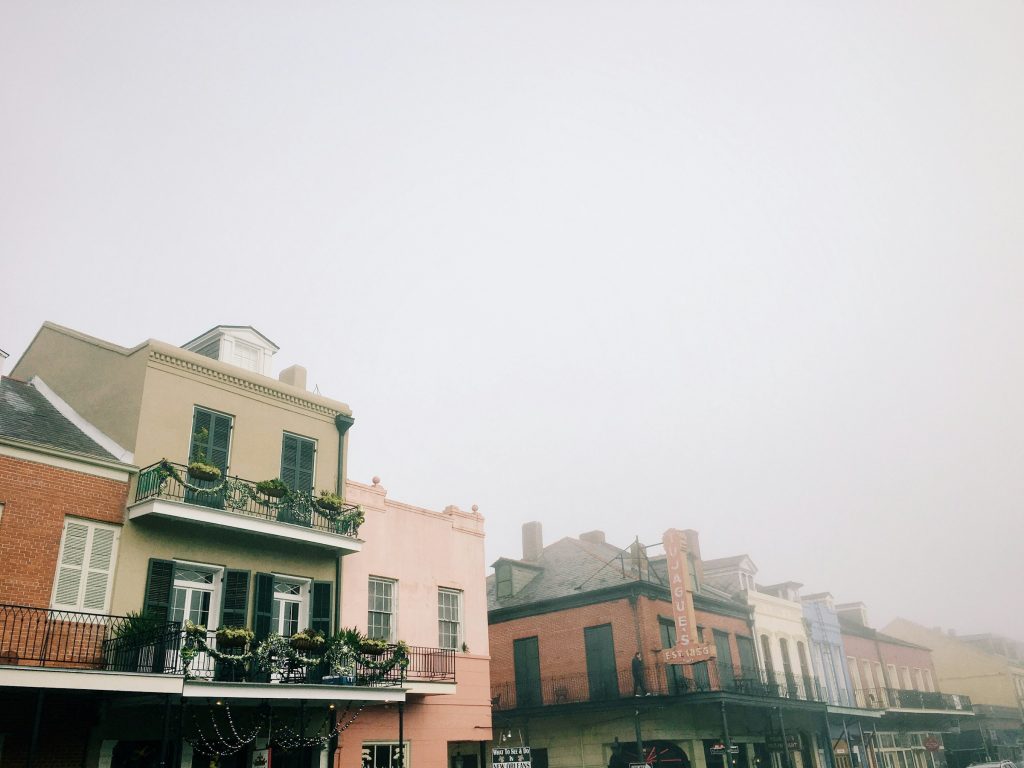 Foggy morning in New Orleans French Quarter buildings