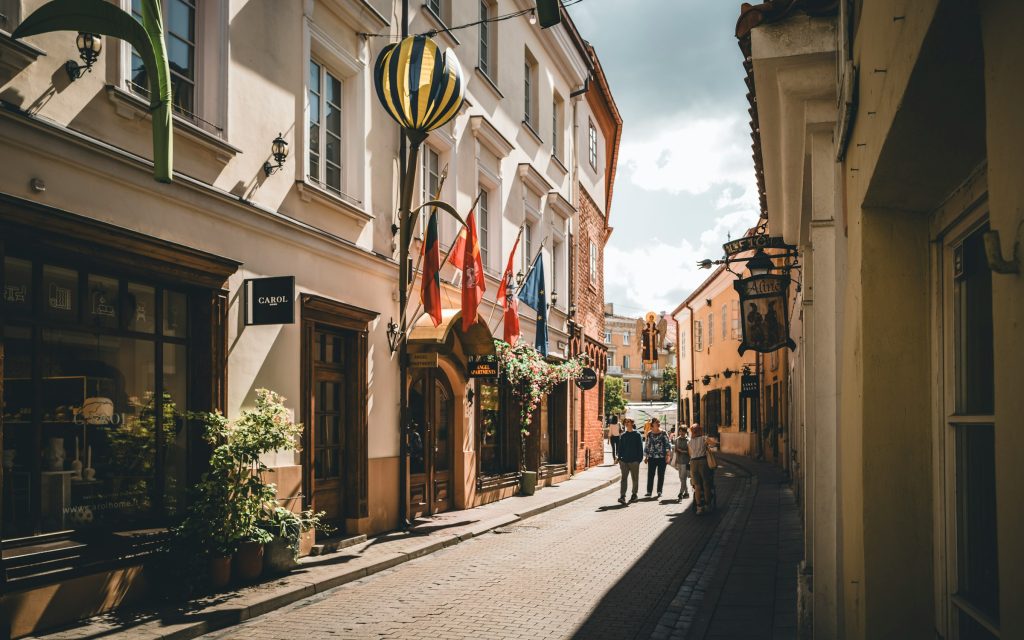 Sunlit Old Town street in Vilnius