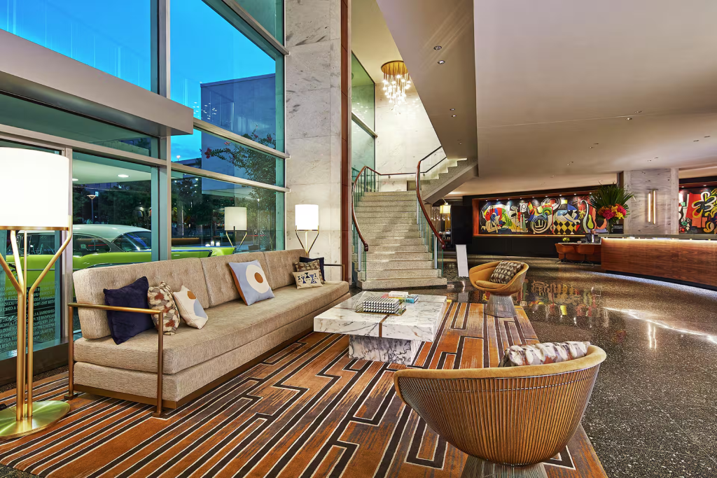 Mid-century modern lobby interior at The Statler Dallas