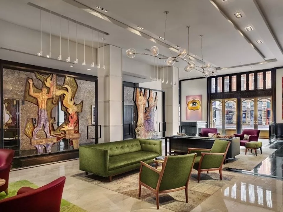 Art-filled lobby interior at The Joule hotel in Dallas