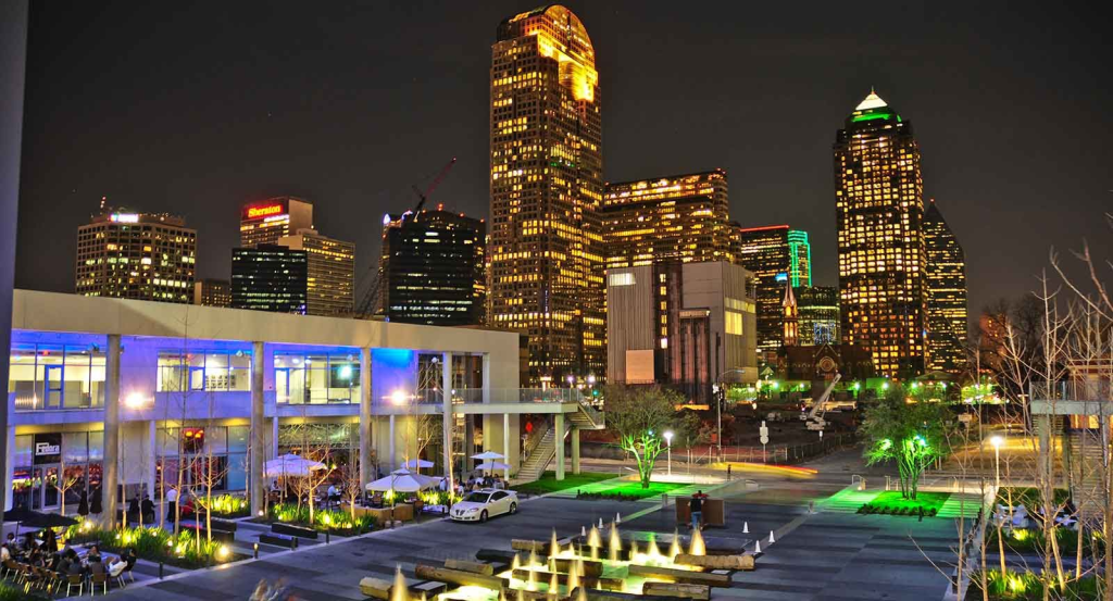 Dallas Arts District skyline at night near HALL Arts Hotel