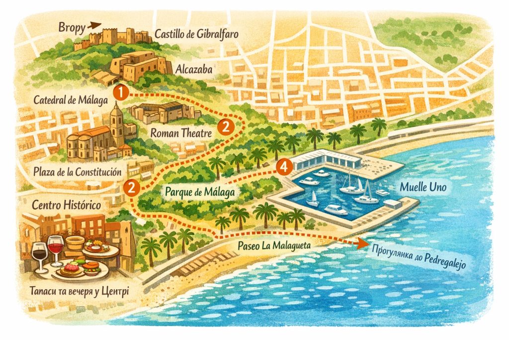 One-Day Route in Málaga: History and Sea Walking Map