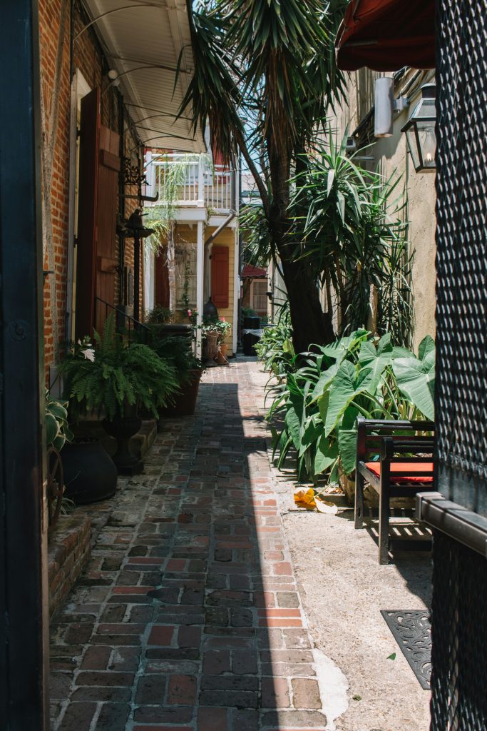 Shaded New Orleans courtyard walkway with brick path