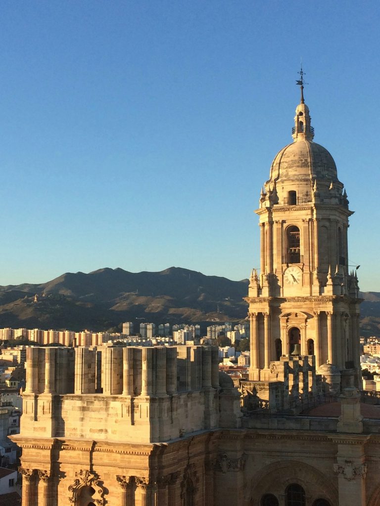 Catedral de Málaga tower with view of the city and mountains
