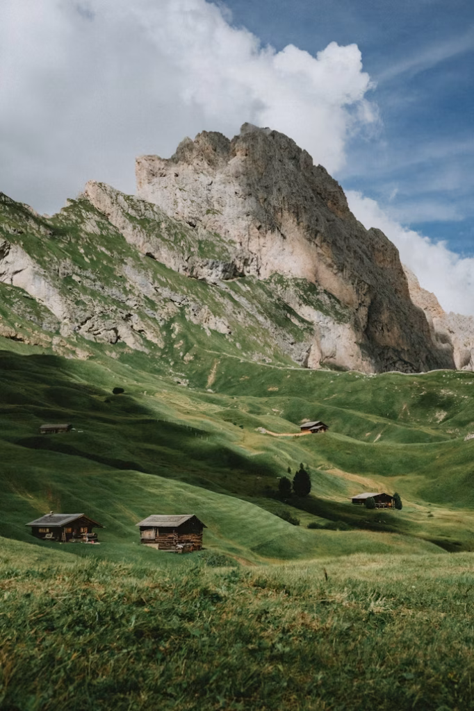 Alpine meadows and mountain peak in the Dolomites