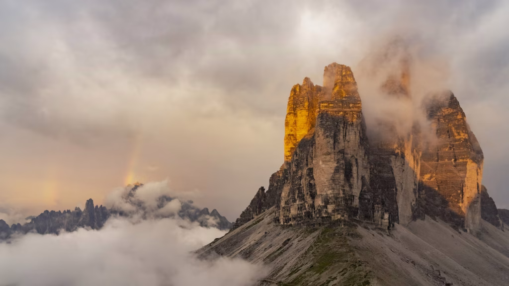 Tre Cime di Lavaredo peaks at sunrise in the Dolomites