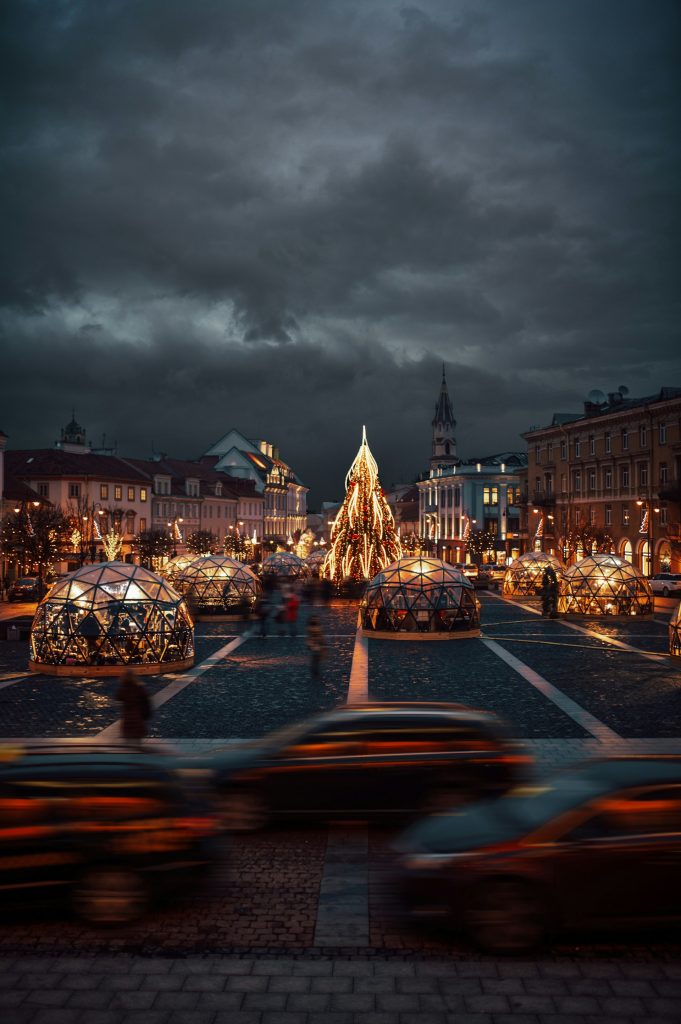 Christmas market lights in Vilnius Cathedral Square